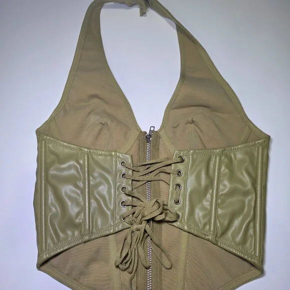 Out From Under Olive Green Faux Leather Halter Corset Top Size M - Picture 4 of 8